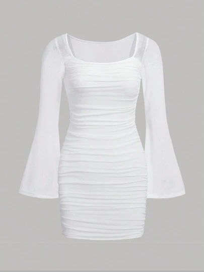 SHEIN Girlism Elegant formell stickad enfärgad vit färg fyrkantig halsringning mesh klockärm rynkad långärmad klänning för hösten vit vardagskläder