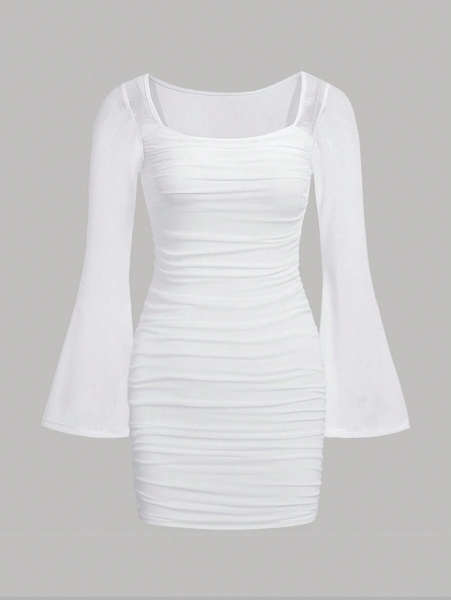 SHEIN Girlism Tween Girl Elegant Formal Knitted Solid White Color Square Neckline Mesh Bell Sleeve Ruched Long Sleeve Dress, For Autumn White Daily Wear - White - View 1
