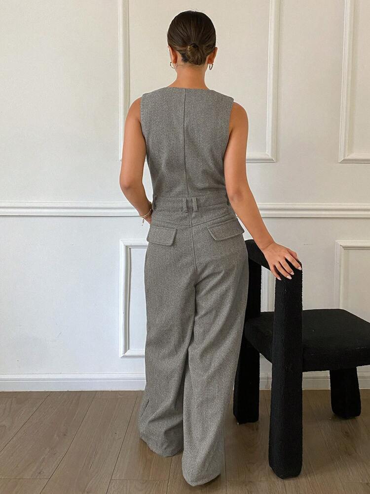 Women's Wide Leg Pockets Jumpsuit, V-Shaped Pattern, Loose Fit Women Jumpsuit Fall, Winter Jumpsuits For Women