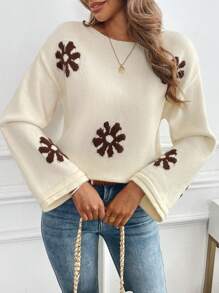 SHEIN ChicEase Áo len nữ tay loe họa tiết hoa phối màu tương phản, kiểu dáng thường ngày, thích hợp mặc mùa thu/đông. - Màu be - Xem 5