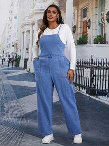SHEIN Essnce Plus Size Casual All-Match Everyday Wear Denim Bib Pants, Spring & Autumn - Blue - View 3
