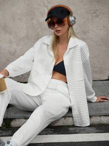 Hanevo 3 Stücke/Set für Damen, lockere, lässige Jacke mit Drop Shoulder, Unterhemd und gepolsterte karierte Hose, Flughafen-Outfit - Weiss - Übersicht 4