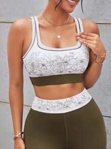 SHEIN Sport Studio Women Solid Color Patchwork Floral Print Sports Bra, Casual Daily Wear