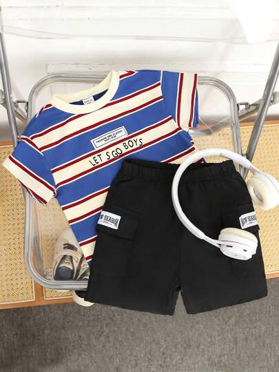 SHEIN 2 件套男婴休闲日常时尚运动街头图案印花条纹长袖上衣套装，适合春夏季