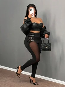Slaydiva Plus Size Damskie Czarne Kontrastowe Siatkowe Seksowne Długie Spodnie