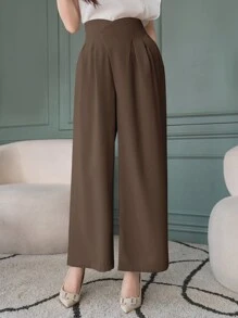 DAZY Pantalones anchos de cintura alta de unicolor para mujer, uso casual diario, ropa de otoño, ropa de vuelta al colegio, pantalones de vestir para maestras - Marrón - Ver 5