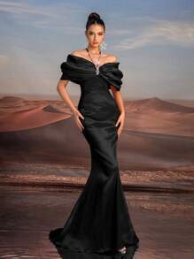 Glamrae Elegant Purple Beads Necklace, Oversized Bow Off-Shoulder Strapless Gown With High Waist Mermaid Hem, Formal Evening Dress For Wedding, Party, Black Dress, For Wedding Guest - Black - View 5