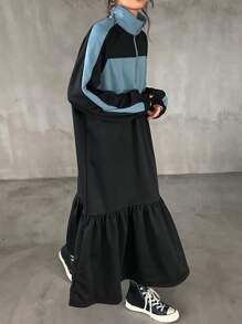 FRIFUL Women Loose Contrast Color Layered Design Dress,Ruffle