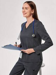 TaskEZ 1set Basic V-Neck Long Sleeve Blouse & Pants Scrub Uniform Set - Grey - View 7