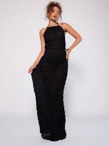 MUSERA Ruched Halterneck Maxi Holiday Party Dress Spring Summer 90's Vacation - Black - View 4