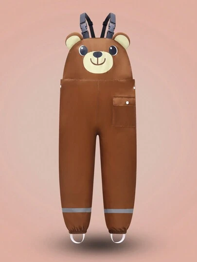 Toddler Boys' Cute Bear Print Long Waterproof Bib Pants For Outdoor