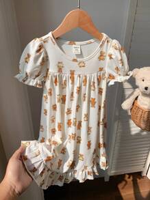 SHEIN Baby Girl Cute Slouchy Vibe Cartoon Bear Graphic Bubble Neck Ruffle Hem Knit Nightgown - Yellow - View 7