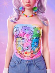 ROMWE X Care Bears 女士夏季可爱卡通熊印花扎染短款抹胸 - 彩色 - 查看 5