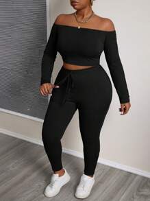 Slaydiva Conjunto de 2 piezas de talla grande con top corto de hombro caído en color azul sólido y malla ajustada, de tela texturizada acanalada para uso casual y deportivo, para primavera y otoño - Negro - Ver 3