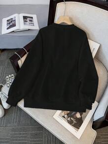 SHEIN Essnce 女士休闲时尚宽松花朵徽章圆领超大落肩彩色花朵运动衫花卉贴花保暖衬里运动衫秋季女装秋季运动衫女士运动衫 - 黑色 - 查看 2