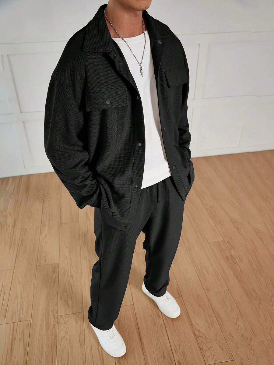 Manfinity Hypemode Men's Waffle Texture Jacquard Shirt & Pants Set, Men's Co-Ord Set, Men Black Outfit, Full Outfit Men, Men Waffle Knit Set, Fall Clothes - Black - View 1