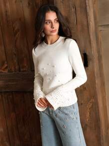 Anewsta 圣诞优雅圆领喇叭袖珍珠缀饰针织毛衣，秋冬