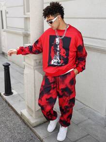 PAVTROS 2 件男士图案印花圆领长袖运动衫和扎染运动裤休闲套装，秋季 - 紅色 - 查看 1
