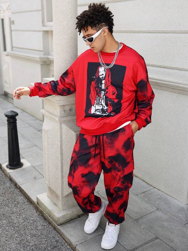 Manfinity Streetrush Traje casual de otoño de 2 piezas: sudadera de cuello redondo con estampado de figura masculina de manga larga y pantalón de chándal de teñido anudado