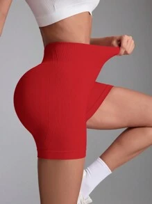 Solid Color Elastic Waist Seamless Tight Yoga Shorts - Red - View 7