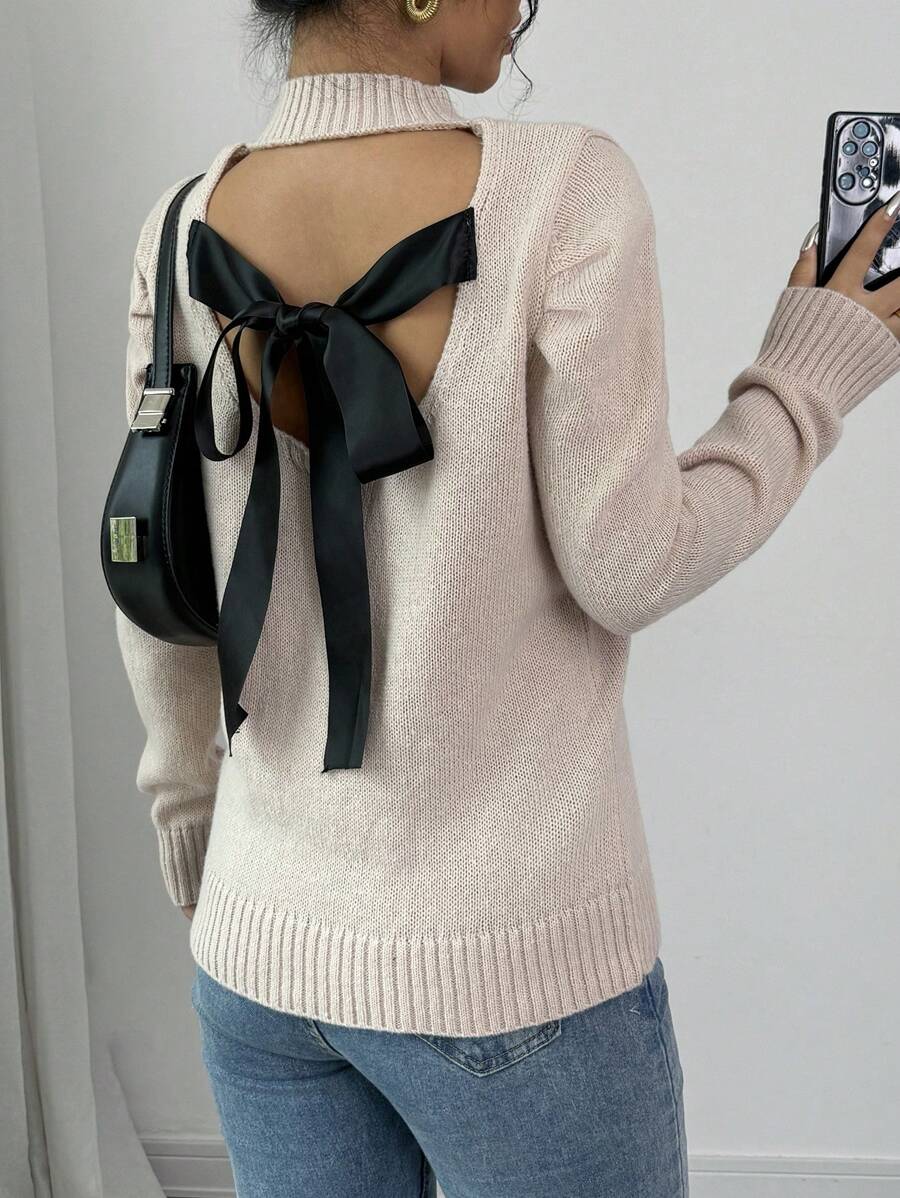 SHEIN Unity 女士休闲镂空露背系带针织毛衣,适合秋冬季节穿着 - 駝色 - 查看 1