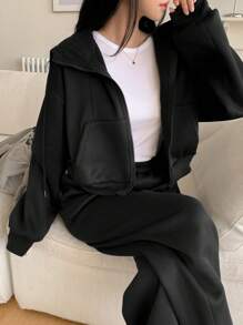 DAZY 女士两件套：前拉链长袖抓绒连帽衫和长裤，纯色，秋冬季女士运动套装家居服套装