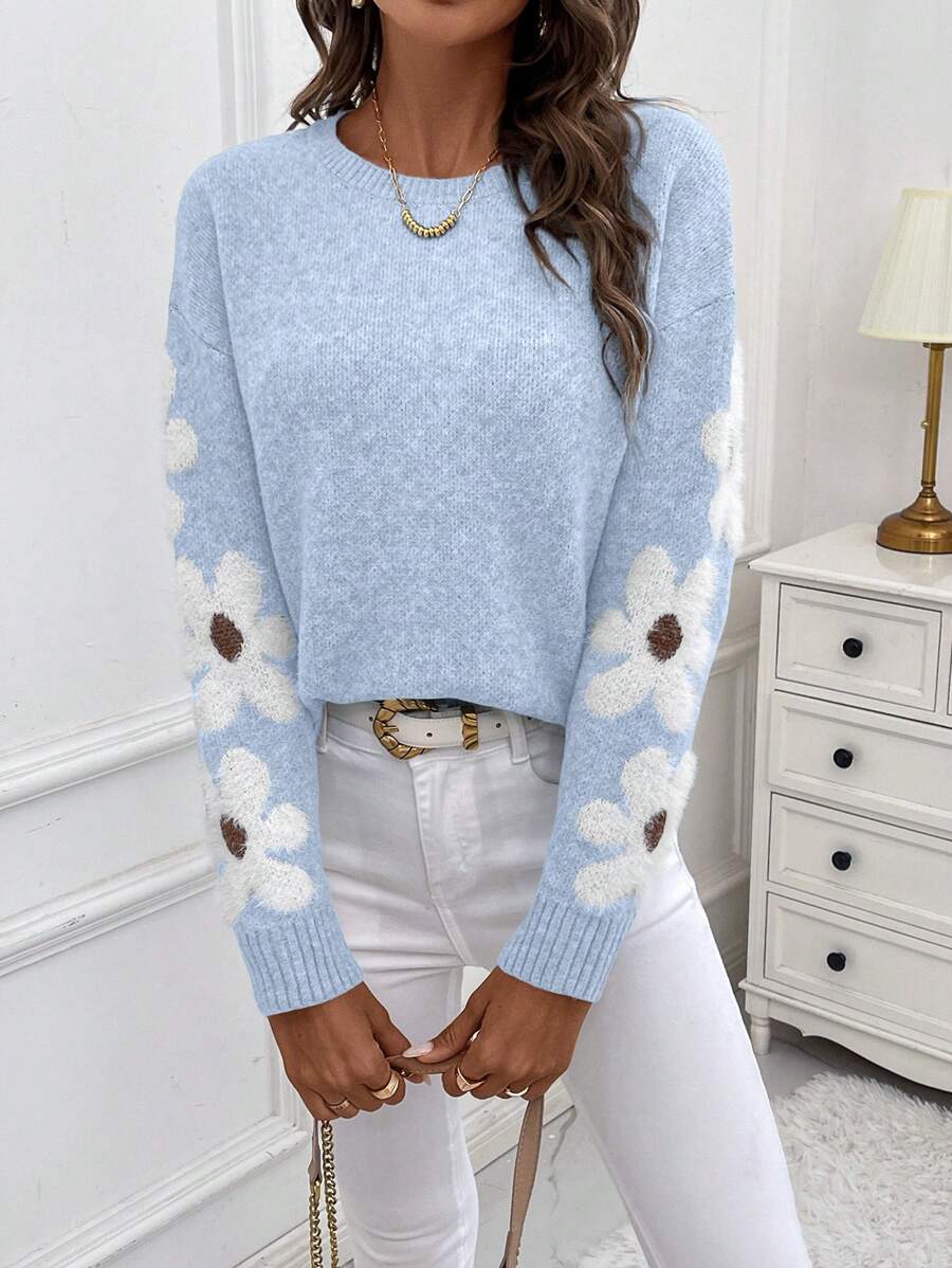 EMERY ROSE Women's Casual Floral Pattern Round Neck Dropped Shoulder Long Sleeve Sweater For Autumn/Winter Knit Pullover Fall - Baby Blue - View 1