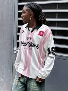 AXEPEAK Polo da uomo casual in jersey con stampa colorblock e lettera, abbigliamento casual da strada, autunno, maglietta grafica atletica a maniche lunghe da uscire a New York, per amici, streetwear