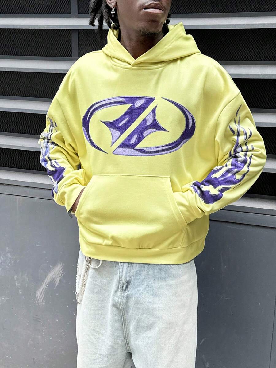 Manfinity VCAY Áo nỉ có mũ rộng rãi in họa tiết đồ họa thường ngày dành cho nam mặc hàng ngày vào mùa thu, mùa đông - Màu vàng - Xem 1