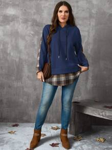 EMERY ROSE Áo khoác nỉ hai mảnh dáng rộng, phối họa tiết kẻ caro, có dây rút, chất liệu giả da, thích hợp mặc mùa thu. - Màu xanh hải quân - Xem 4