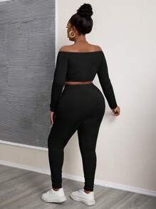 Slaydiva Conjunto de 2 piezas de talla grande con top corto de hombro caído en color azul sólido y malla ajustada, de tela texturizada acanalada para uso casual y deportivo, para primavera y otoño - Negro - Ver 2