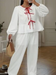 INAWLY Plus Size Women Tie Front Long Lantern Sleeve Ruffle Hem Loose Blouse, Spring & Fall - Red and White - View 1