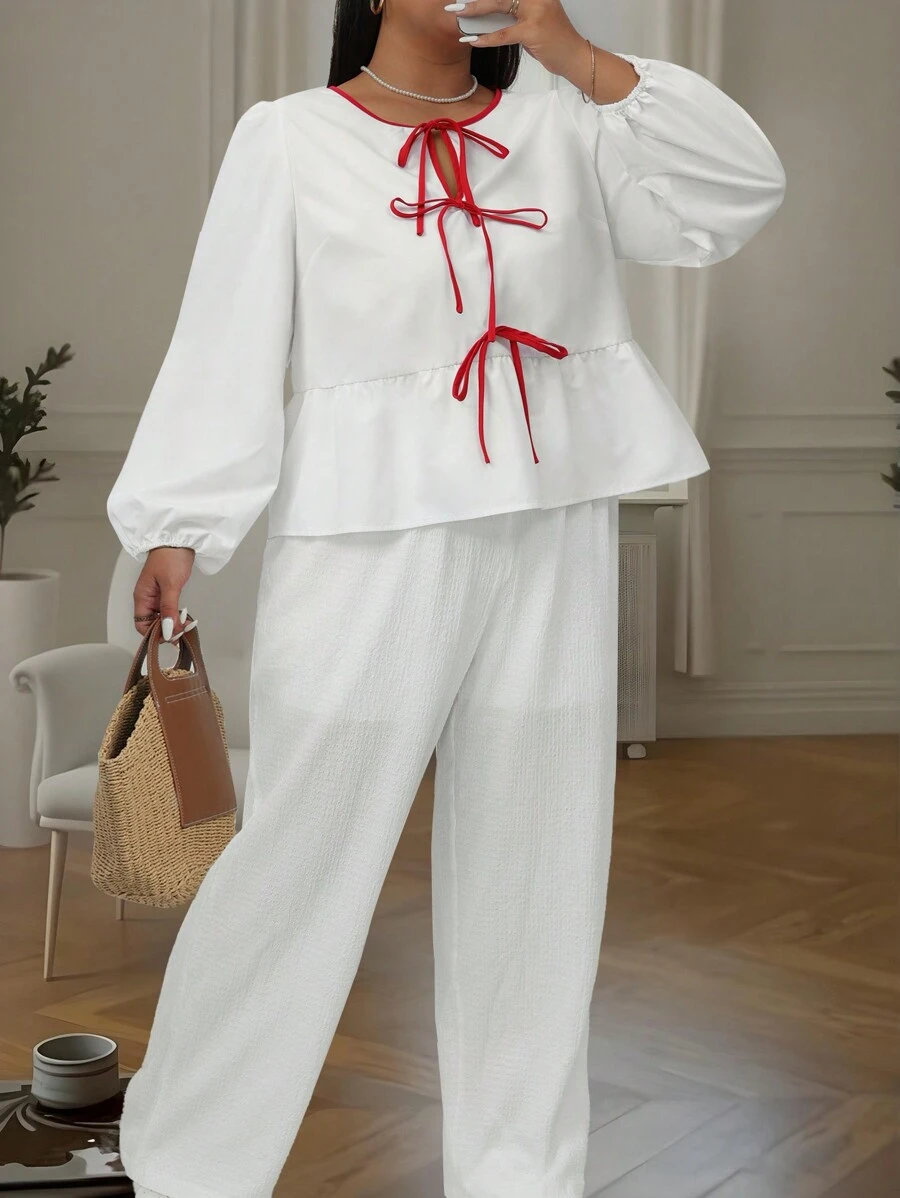 INAWLY Plus Size Kvinnor Slips Fram Lång Lantern Ärm Volang Fåll Lös blus, vår och höst - Rött och Vitt - Visa 1