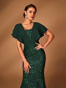 SHEIN Belle 优雅奢华的深绿色 V 领荷叶边袖亮片拼接美人鱼连衣裙适合婚礼、派对、度假、舞会、晚宴新娘母亲晚礼服 - 墨綠色 - 查看 1