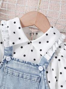 2pcs Baby Girls Spring/Autumn Cute Print Lapel Blouse And Washed Bib Long Pants Set, Suitable For Casual Home Wear And Outdoor Play - White - View 5