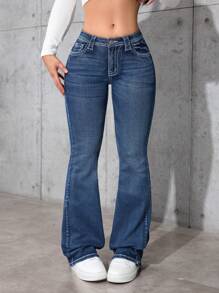 Jeanoix Women's Elastic Waist, Low-Rise Flared Denim Pants - Medium Wash - View 6