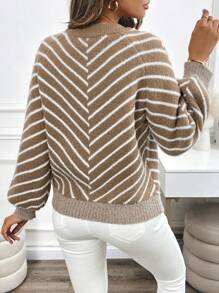 Chiquease Áo len chui đầu rộng tay raglan họa tiết sọc thường ngày cho nữ - Nhiều màu - Xem 2