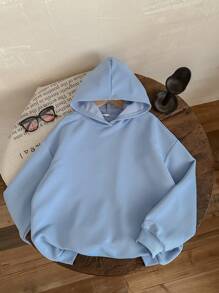 SHEIN Tween Girls Smiling Face Print Knit Round Neck Loose Casual Sweatshirt - Baby Blue - View 2