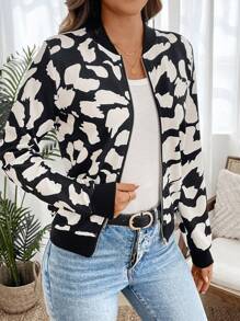 EMERY ROSE Women Casual Leopard Print Baseball Collar Jacket, Autumn - Black and White - View 3