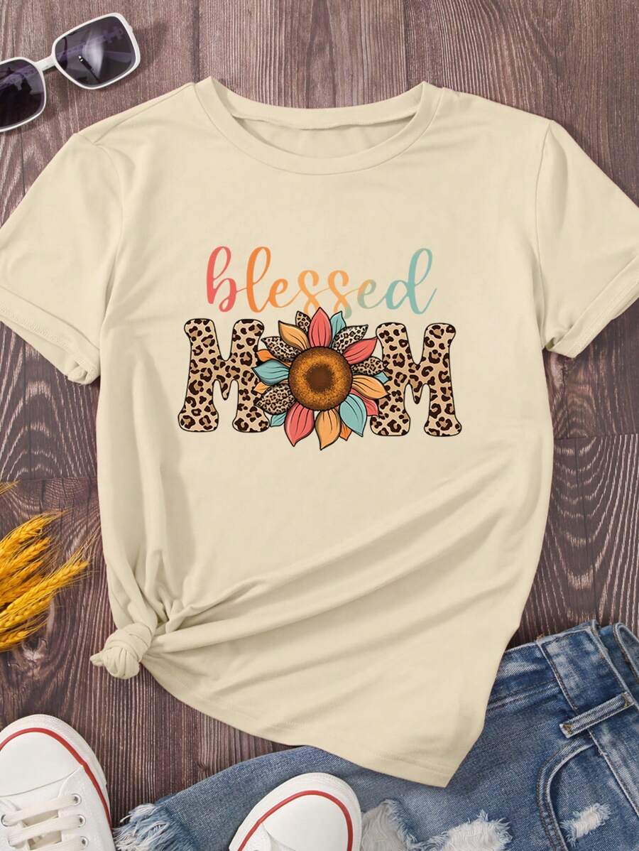 INAWLY 豹纹印花与花卉图案圆领短袖 T 恤，母亲节休闲装 豹纹印花 T 恤女式上衣