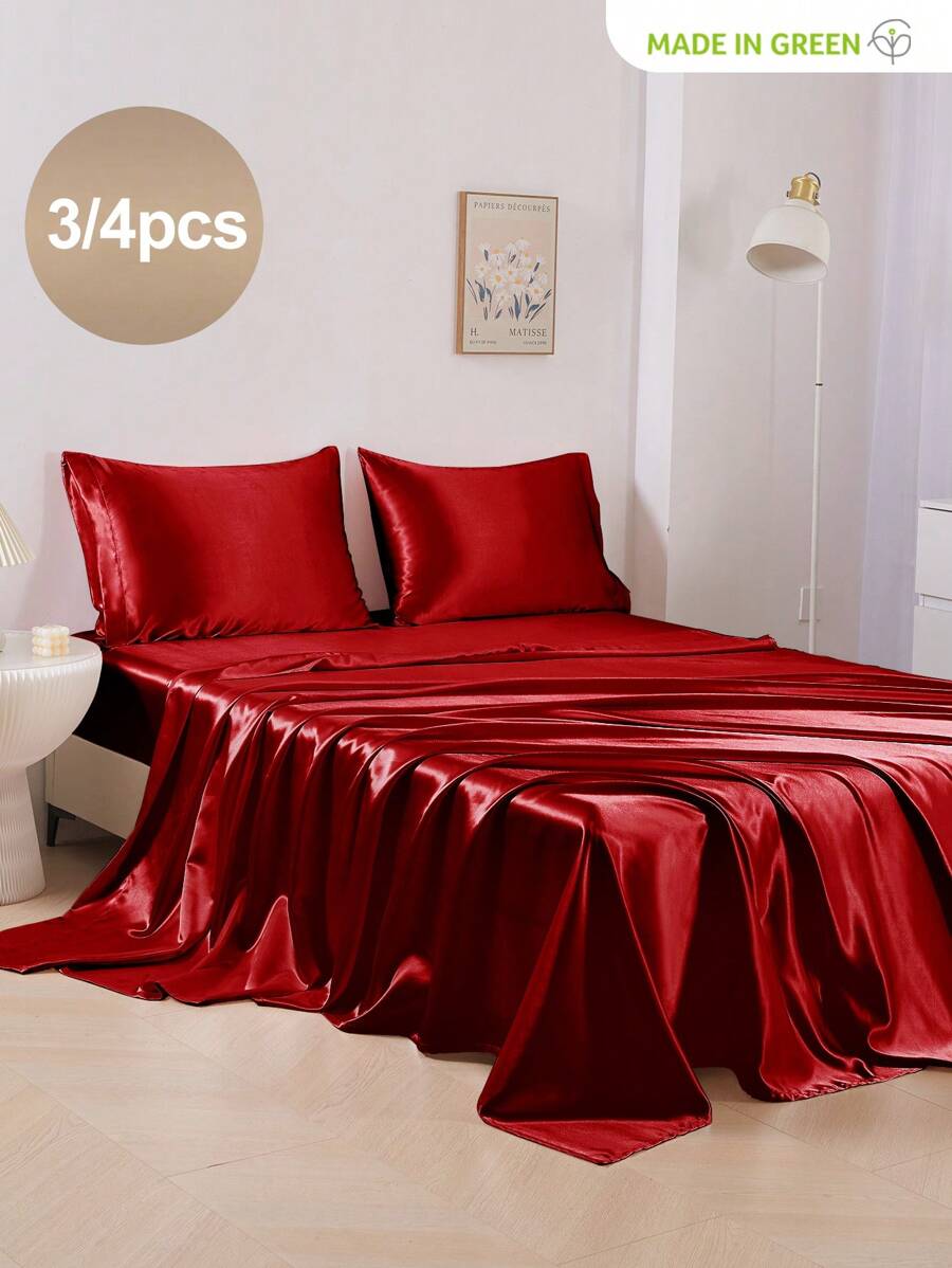 3/4件套床上用品：1件缎面床笠 + 1件缎面床单 + 1/2件缎面枕套，柔软透气，抗皱，提升睡眠质量，奢华酒店风格，馈赠父母和朋友的理想之选，14英寸/35厘米深口袋，可机洗，适用于所有床型——单人床、双人床、大号双人床、特大号双人床。 - 紅色 - 查看 1