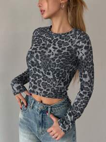 DAZY Women's Autumn Leopard Print Round Neck Fitted Long Sleeve Fashionable T-Shirt,Fall Women Clothes - Brown - View 7