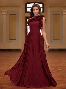 Elitara 1pc Asymmetrical Neck Pleated, Handmade 3D Floral Decor Women's Formal Evening Dress (Heavy Embellished), Elegant Prom Gown, For Wedding Guest, Graduation, Dinner, Party Dress