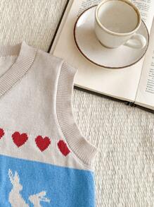 Blossori Young Girl Heart & Letter Graphic V-Neck Casual Oversized Knitted Sweater Vest, Autumn/Winter - Apricot - View 4