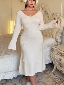 Flirla 大码花卉印花喇叭袖针织连衣裙，圆领，冬季