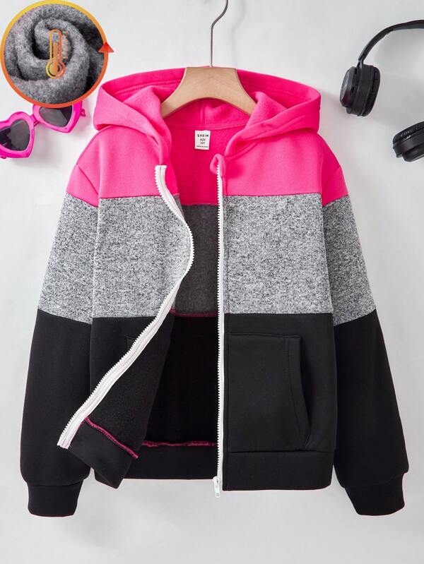 SHEIN Tween Girls Casual Patchwork Floral Print Hooded Zip-Up Sweatshirt