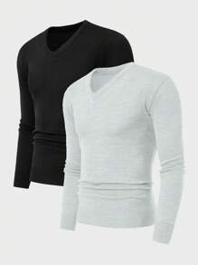 EURMUSE Men 2pcs Pack Solid Slim Fit Sweater - Black and White - View 3