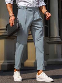 Manfinity Bizformal Men's Casual Plain Color Pleated Dress Pants - Blue - View 4