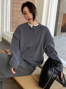 DAZY Women's Solid Color Button Front Half Placket Long Sleeve Casual Pullover Sweater, Autumn/Winter - Grey - View 5