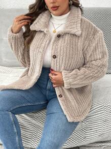 SHEIN VCAY Plus Size Plain Color Front Button Long Sleeve Casual Reversible Fleece Jacket - Apricot - View 6